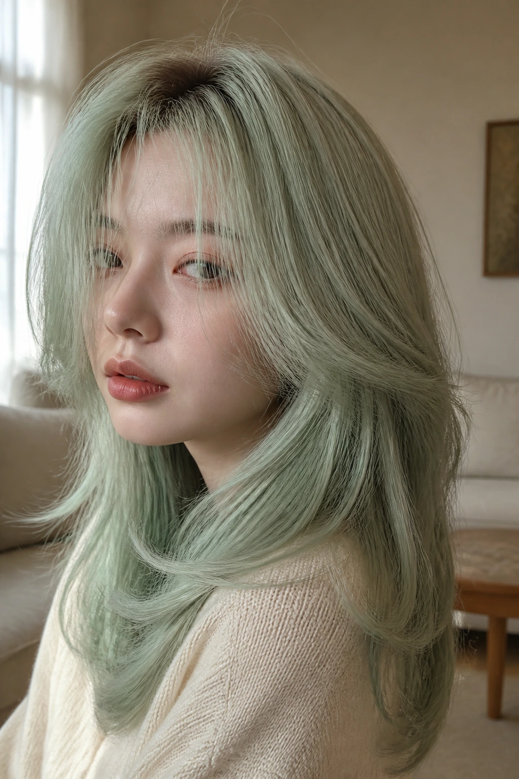 Real woman with mint milk tea layered hair in a beige living room.