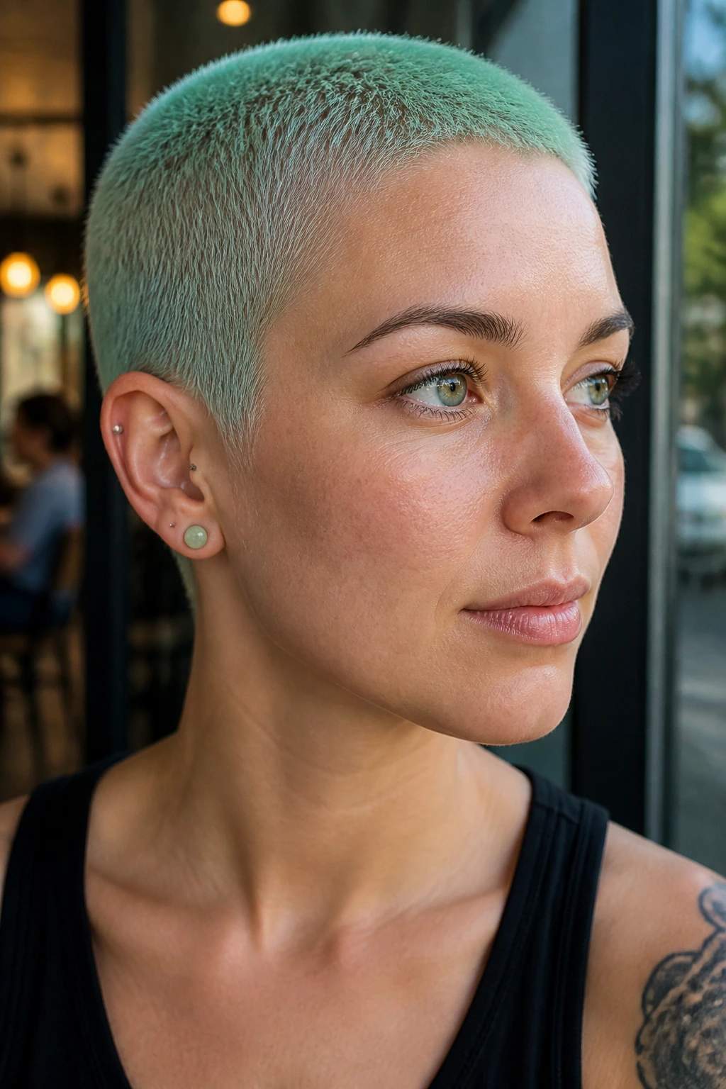 Close-up portrait of a real person with mint wash buzz hair color