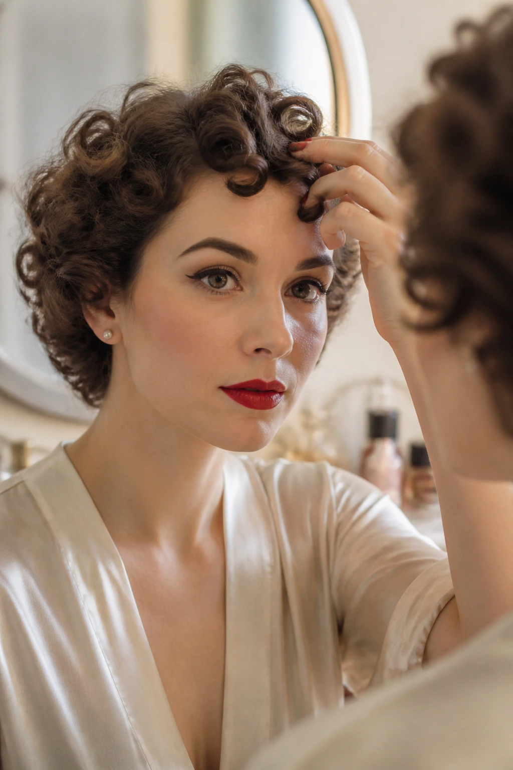 Woman adjusting her front curl in a soft-lit room near a vanity mirror.