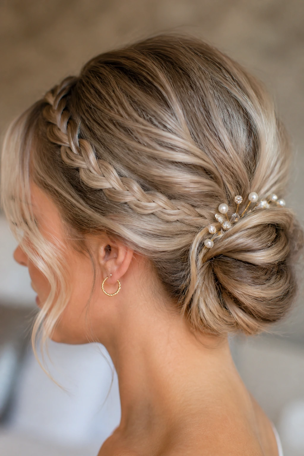 Close-up of a real person wearing a mismatched low bun with mixed textures