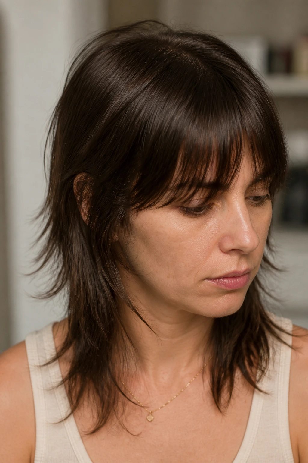 Real woman with flattened crown in straight-hair shag