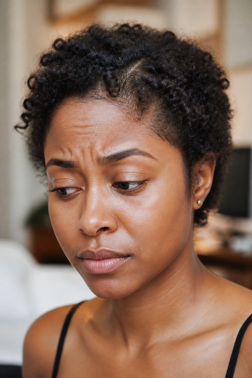 Close-up portrait showing flattened crown on a real Black woman's short curls.