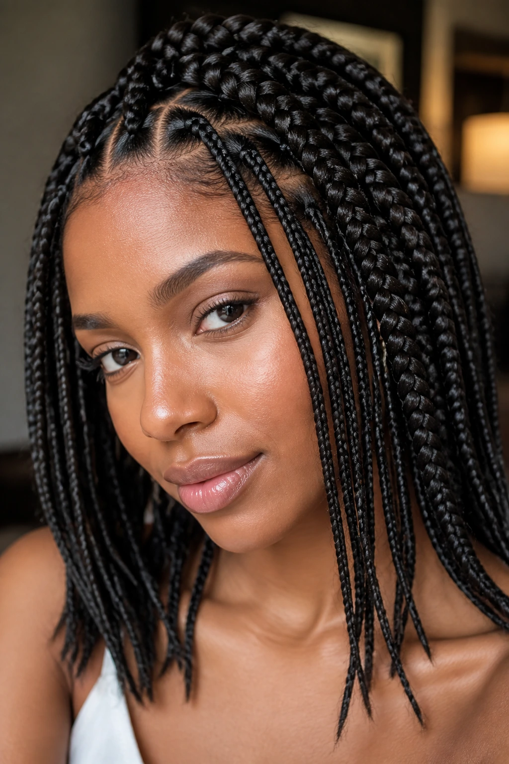 Close-up of a real woman with mixed-thickness box braids under warm indoor lighting