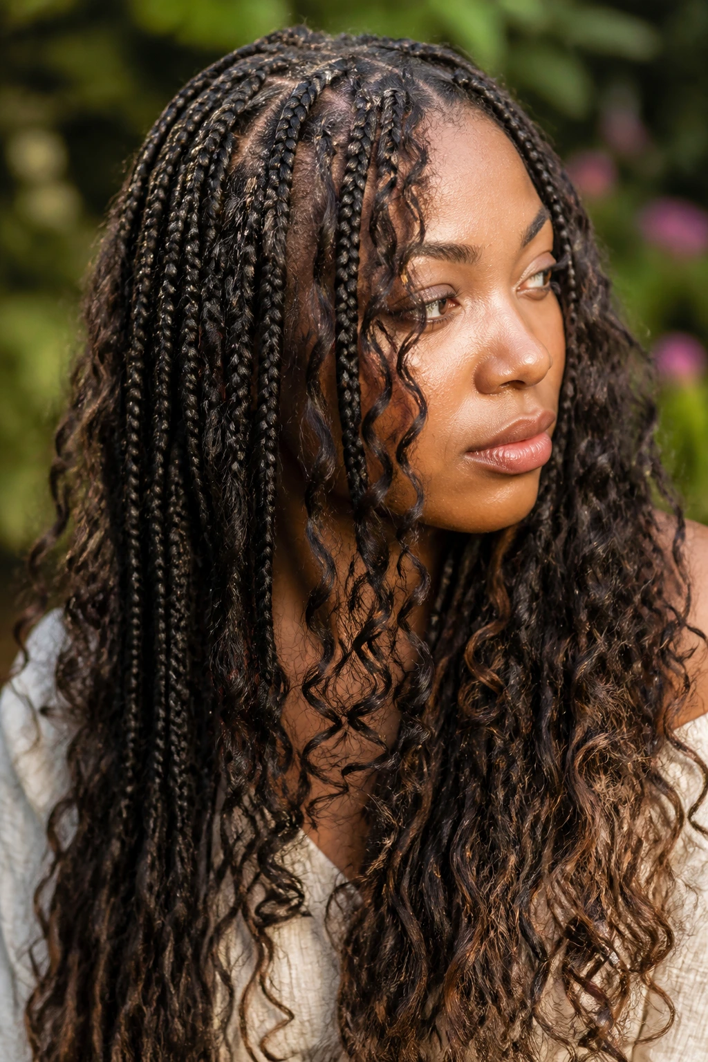 Portrait of a person with knotless braids featuring mixed curl patterns