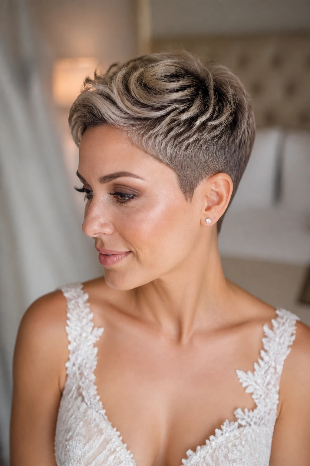 Close-up of a real bride with mixed-finish pixie crown and tight sides