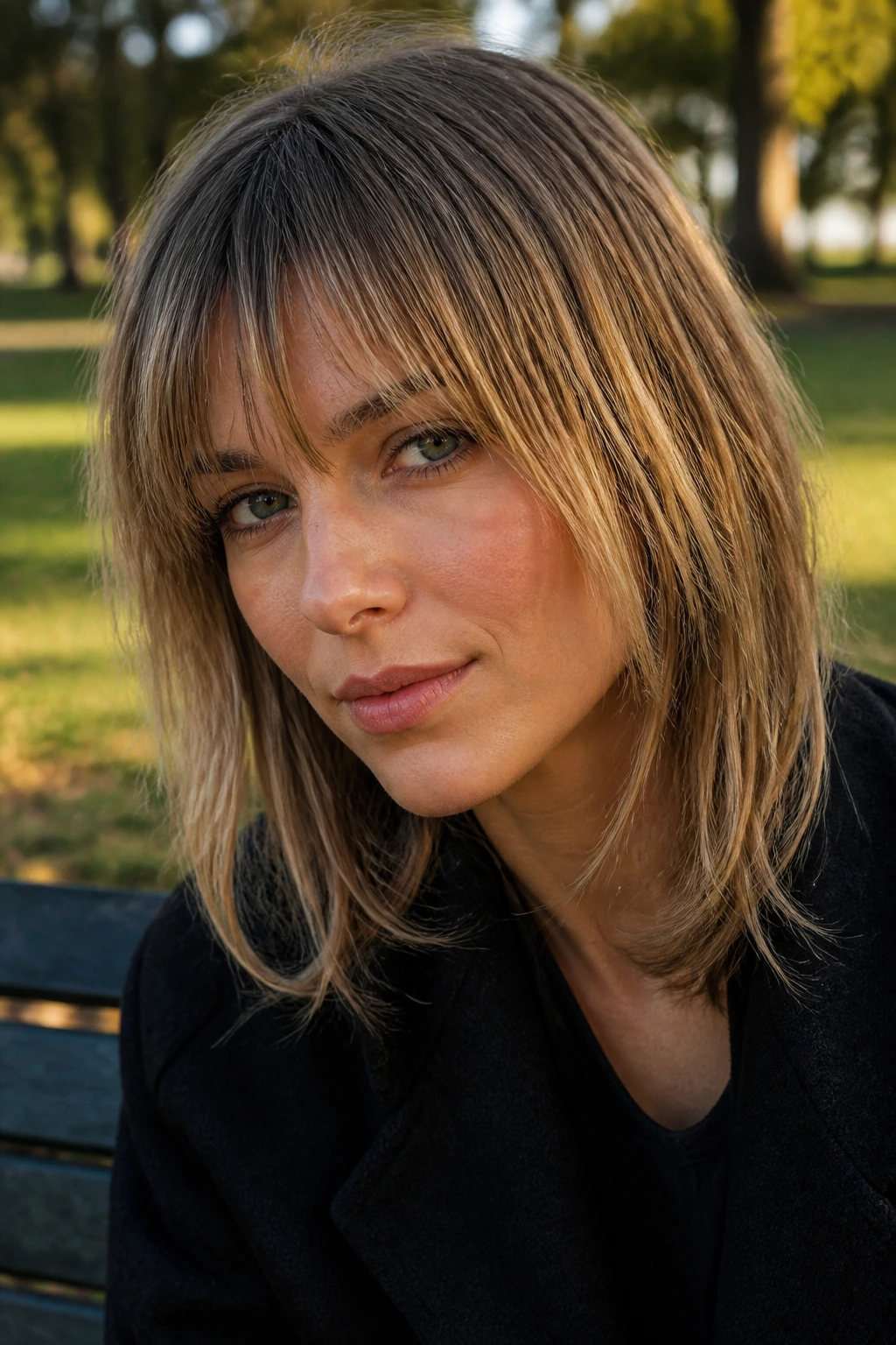Close-up of a real person with mixed-length fringe in outdoor afternoon light