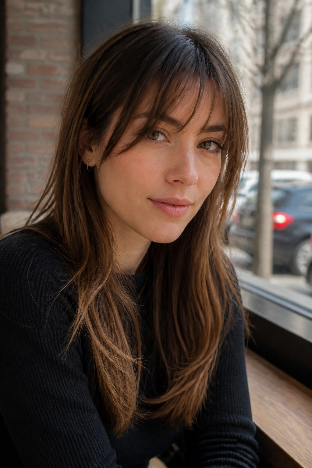 Close-up portrait of a real person with mixed-length fringe showing staggered lengths.