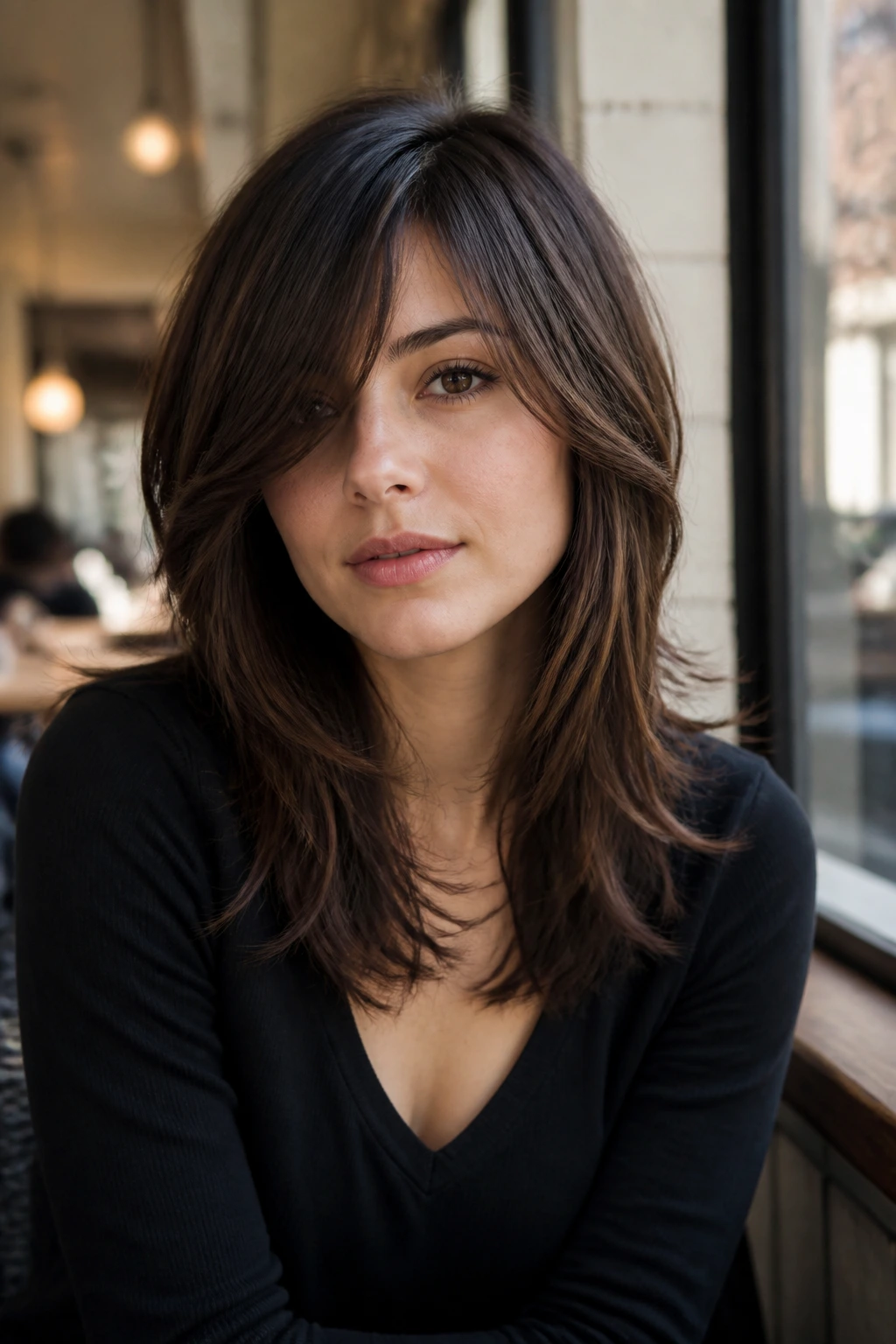 Portrait of a person with mixed-length layers and a long fringe by a cafe window