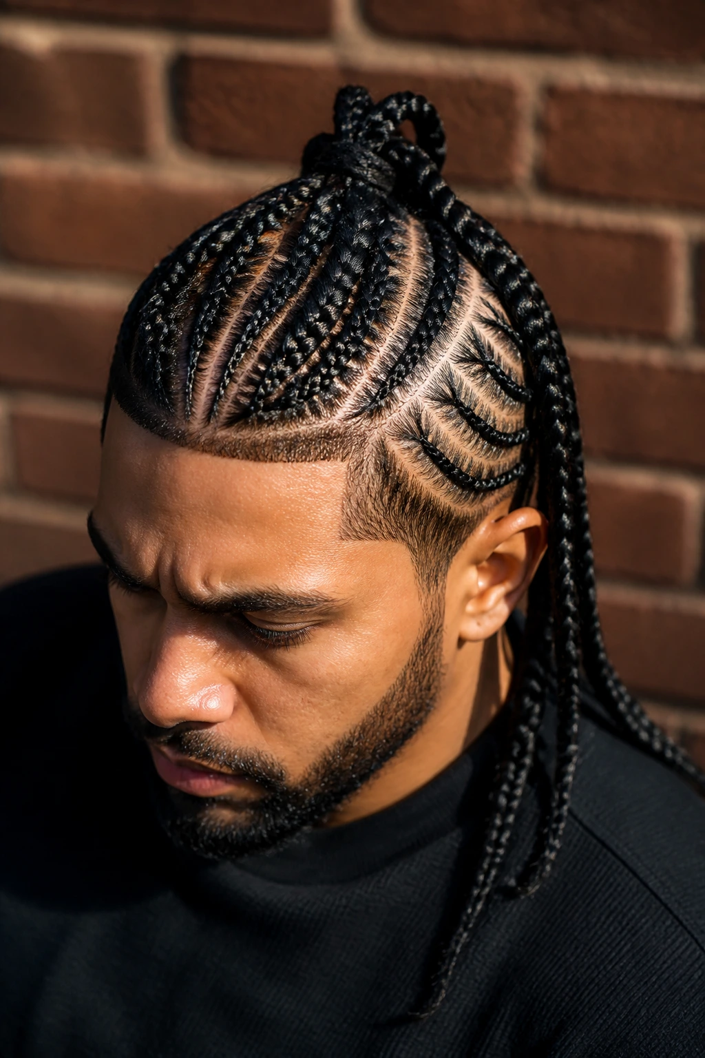 Close up of a man with mixed pattern braids and visible part lines in an urban setting