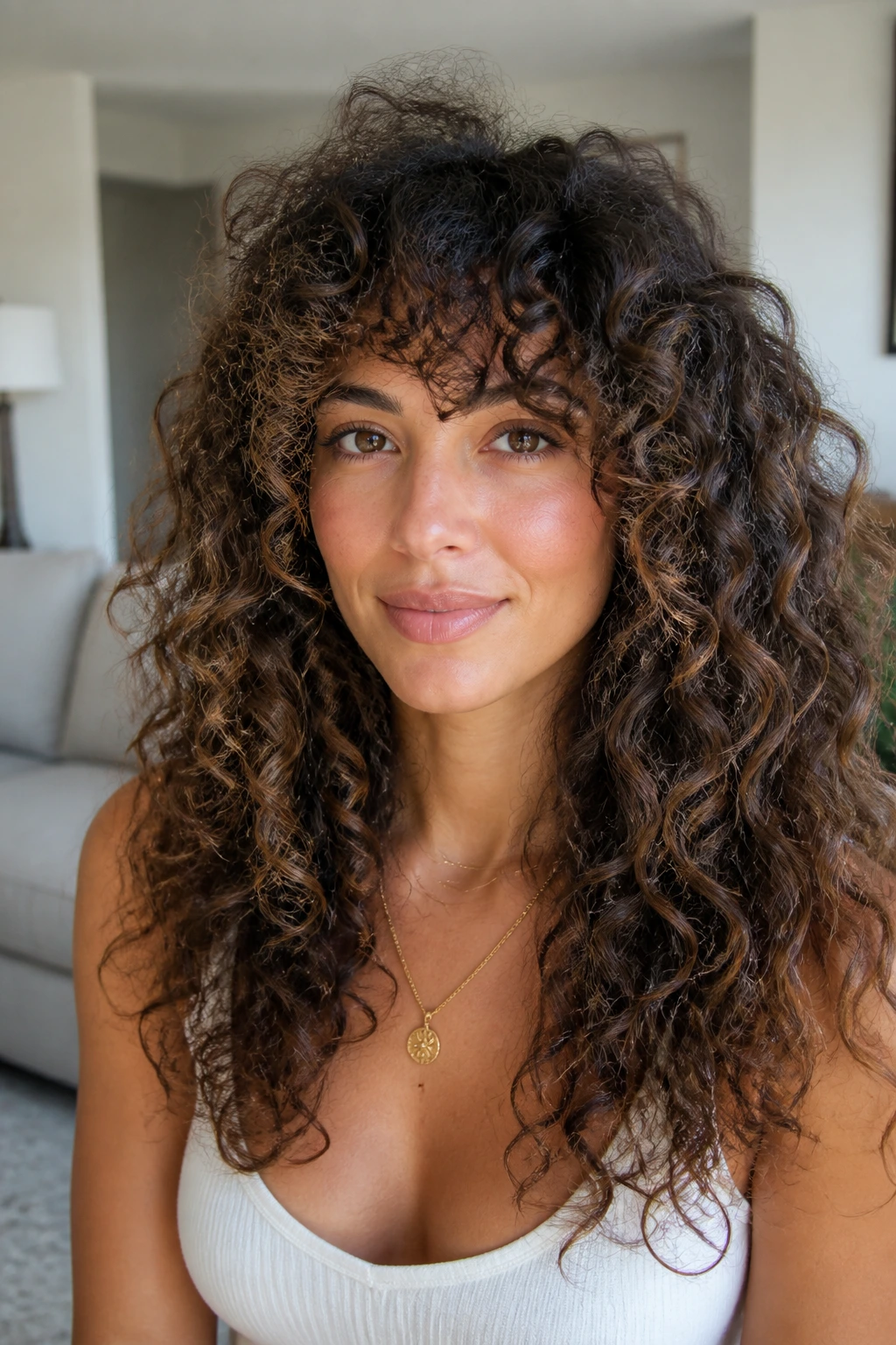 Close-up portrait of a real person with zoned curls showing mixed-pattern layers