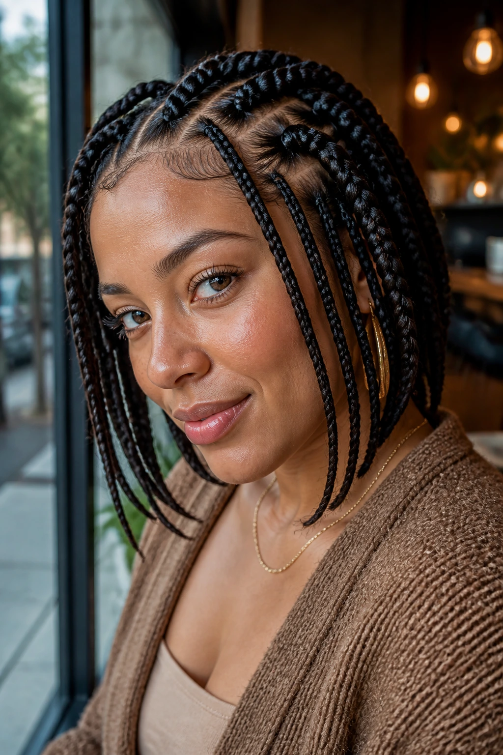 Close-up of a real woman with mixed-size box braids showing rhythm and texture