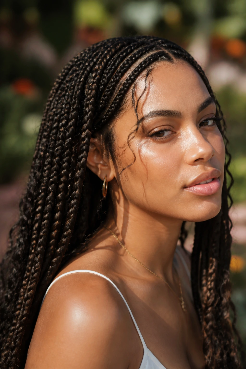 Portrait of a woman with mixed-size box braids in a non-uniform arrangement