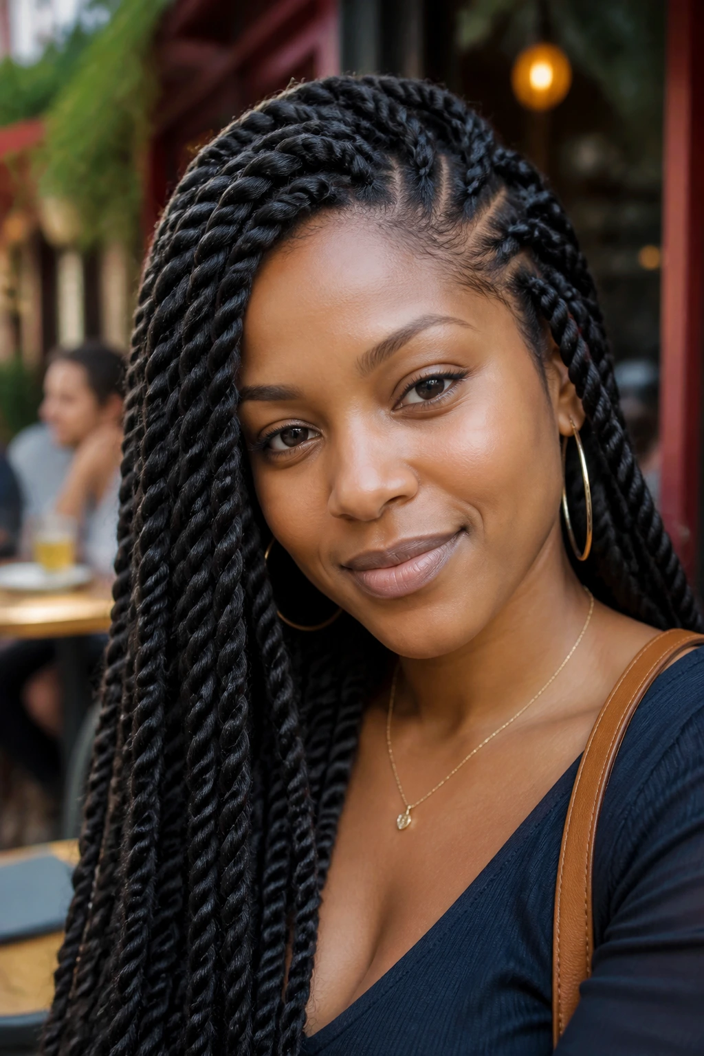 Real woman with mixed-size Senegalese twists in a close-up portrait