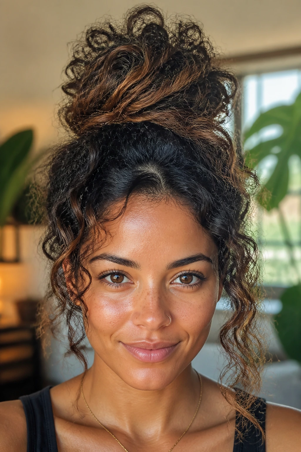 Portrait of a real person with a bun that displays multiple curl textures.
