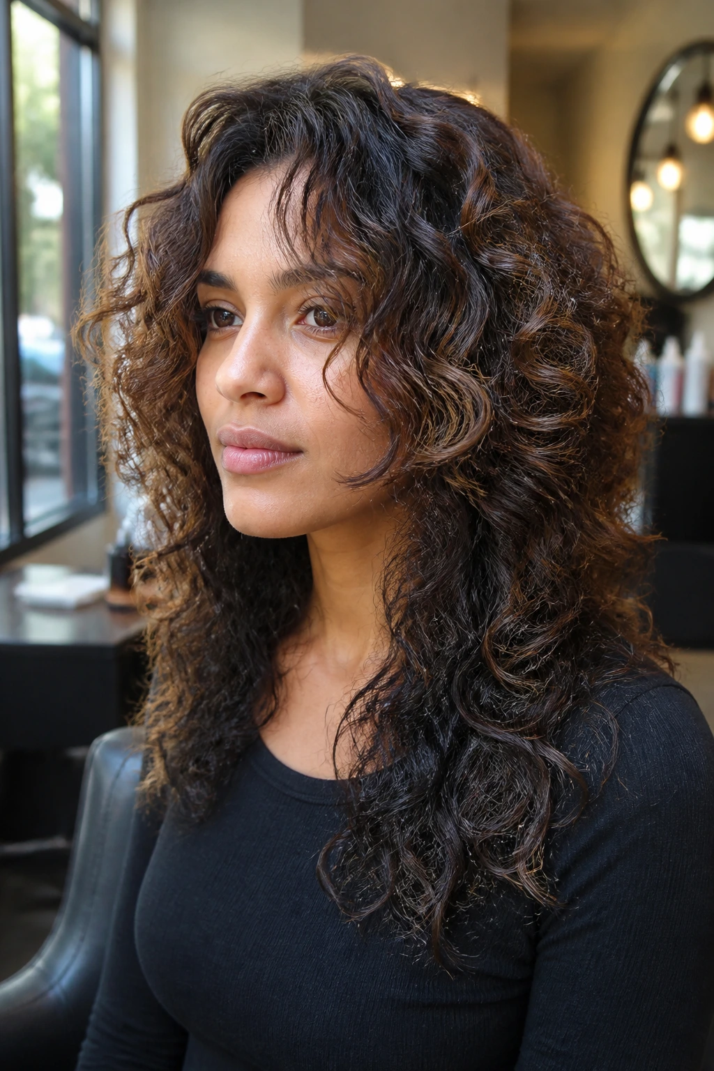 Portrait of real person with mixed-texture butterfly haircut balancing uneven curls