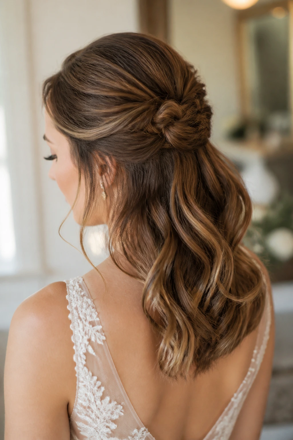 Bride with mixed-texture half-up hairstyle with soft ends