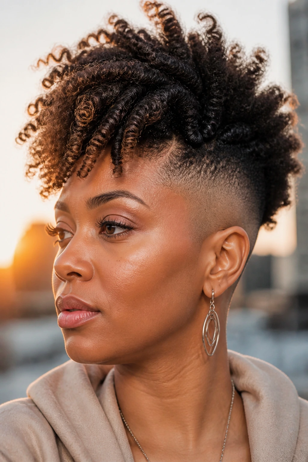 Close-up portrait of a real Black woman with mixed-texture high top fade showing twists and curls.