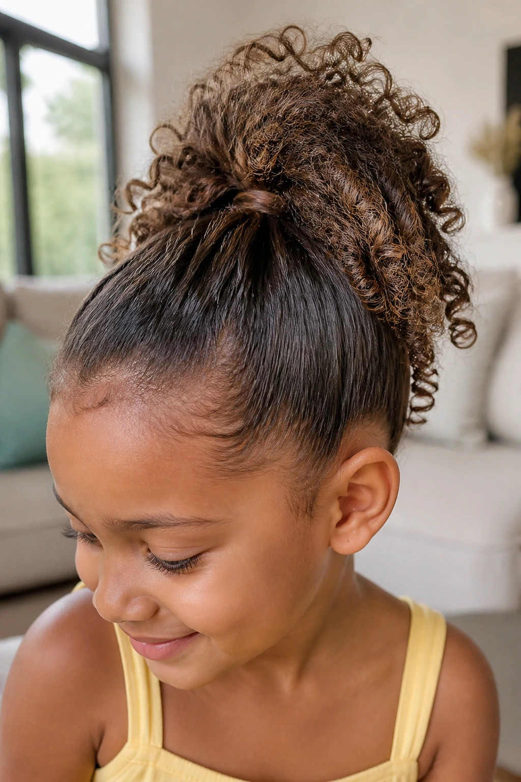 Portrait of a child with mixed-texture hair in a single pony.