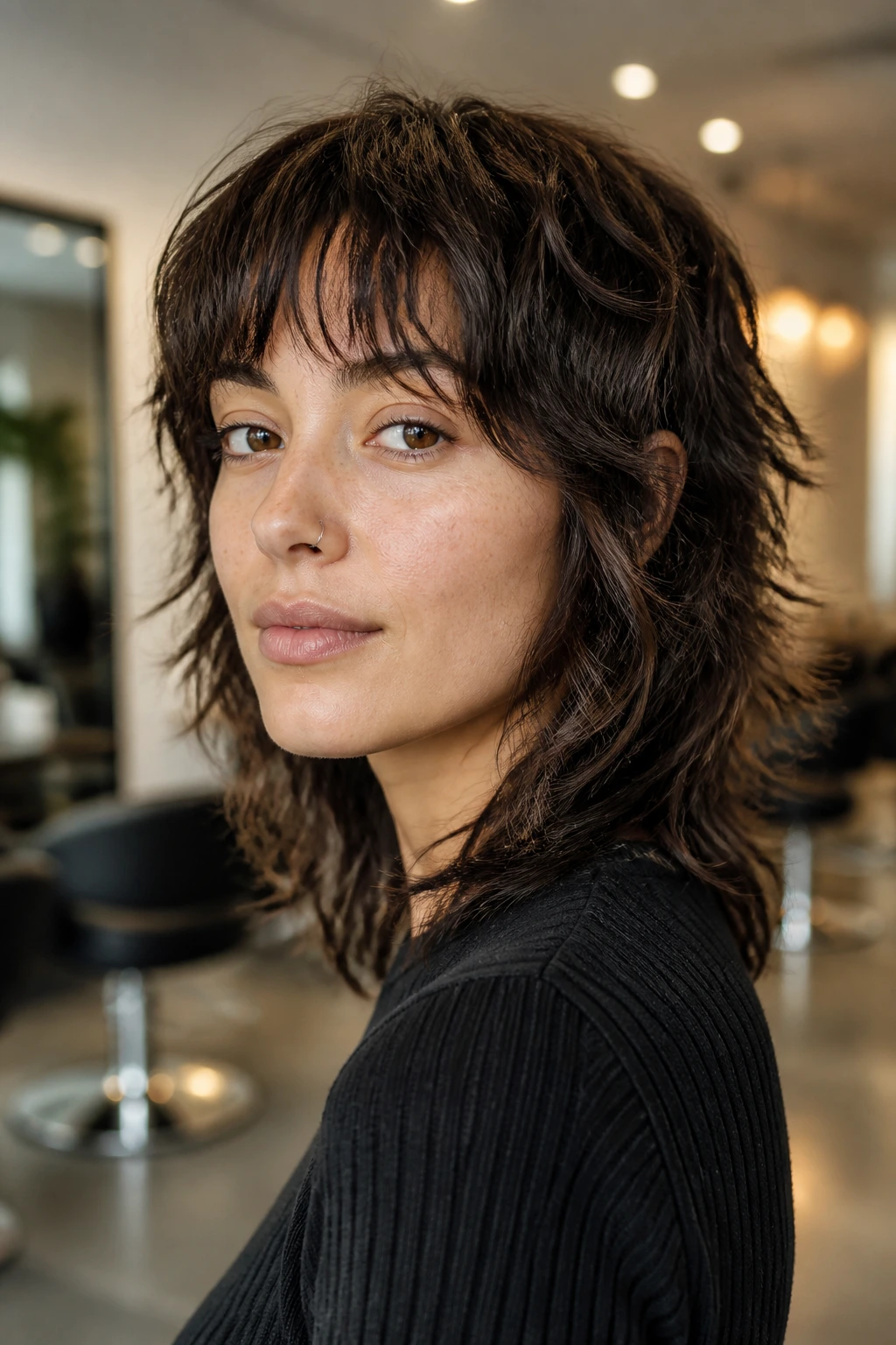 Close-up portrait of a real person with mixed-texture shag showing varied wave across the head.