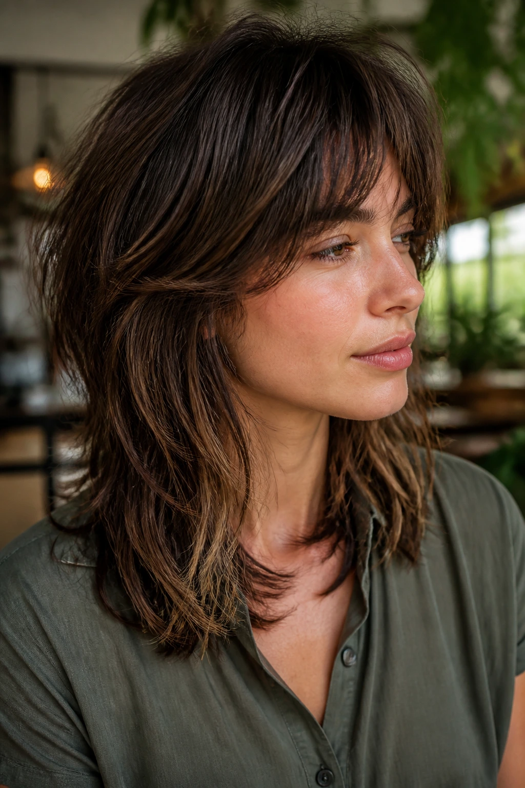 Close-up of real woman with mixed-texture shag and hidden underlayers