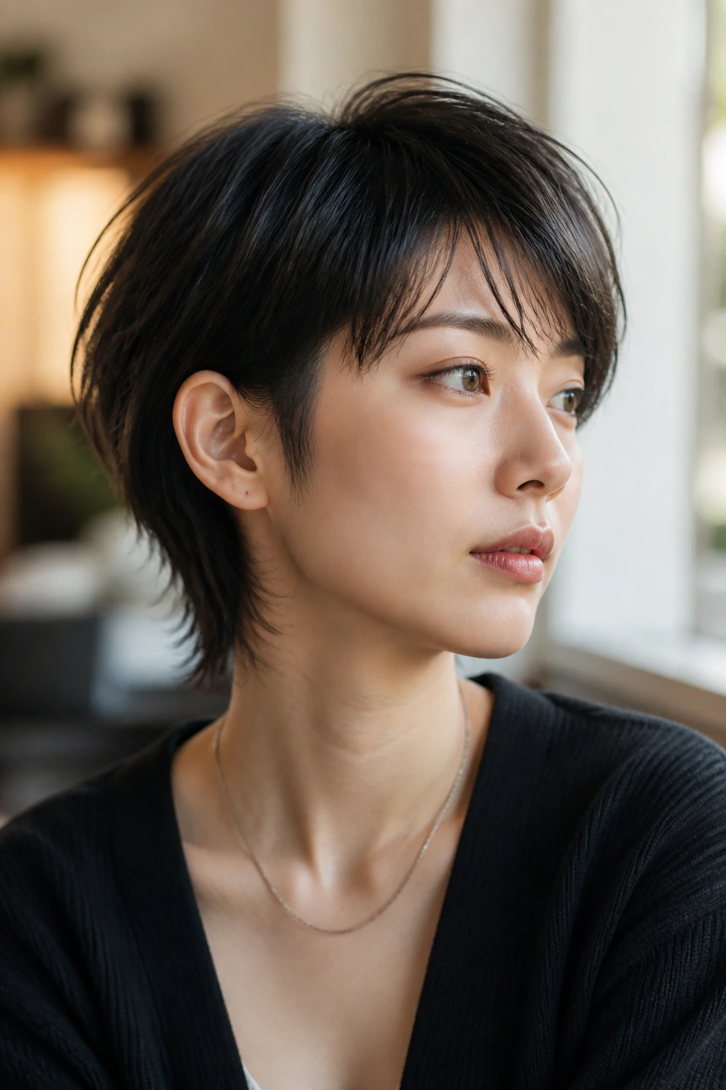 Close-up portrait of a real woman with a mixie haircut