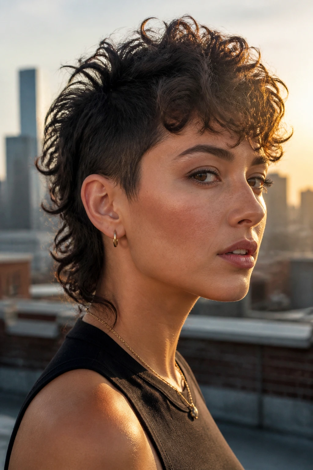 Real person with Mixie Cut showing short sides and voluminous top on a rooftop at sunset.