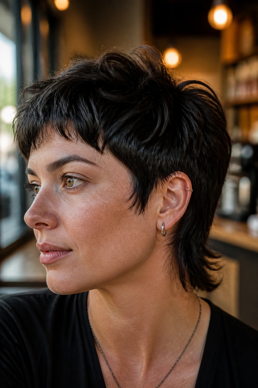 Close-up portrait of a real person with a mixie cut and soft mullet edge in a sunlit cafe