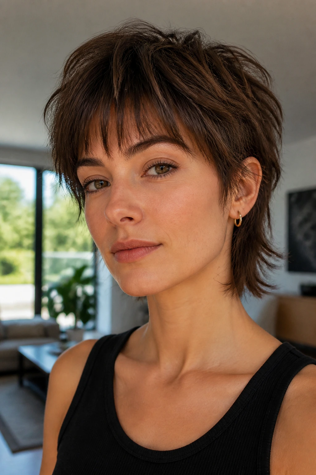 Portrait of a woman with a mixie cut showing short sides and longer top.