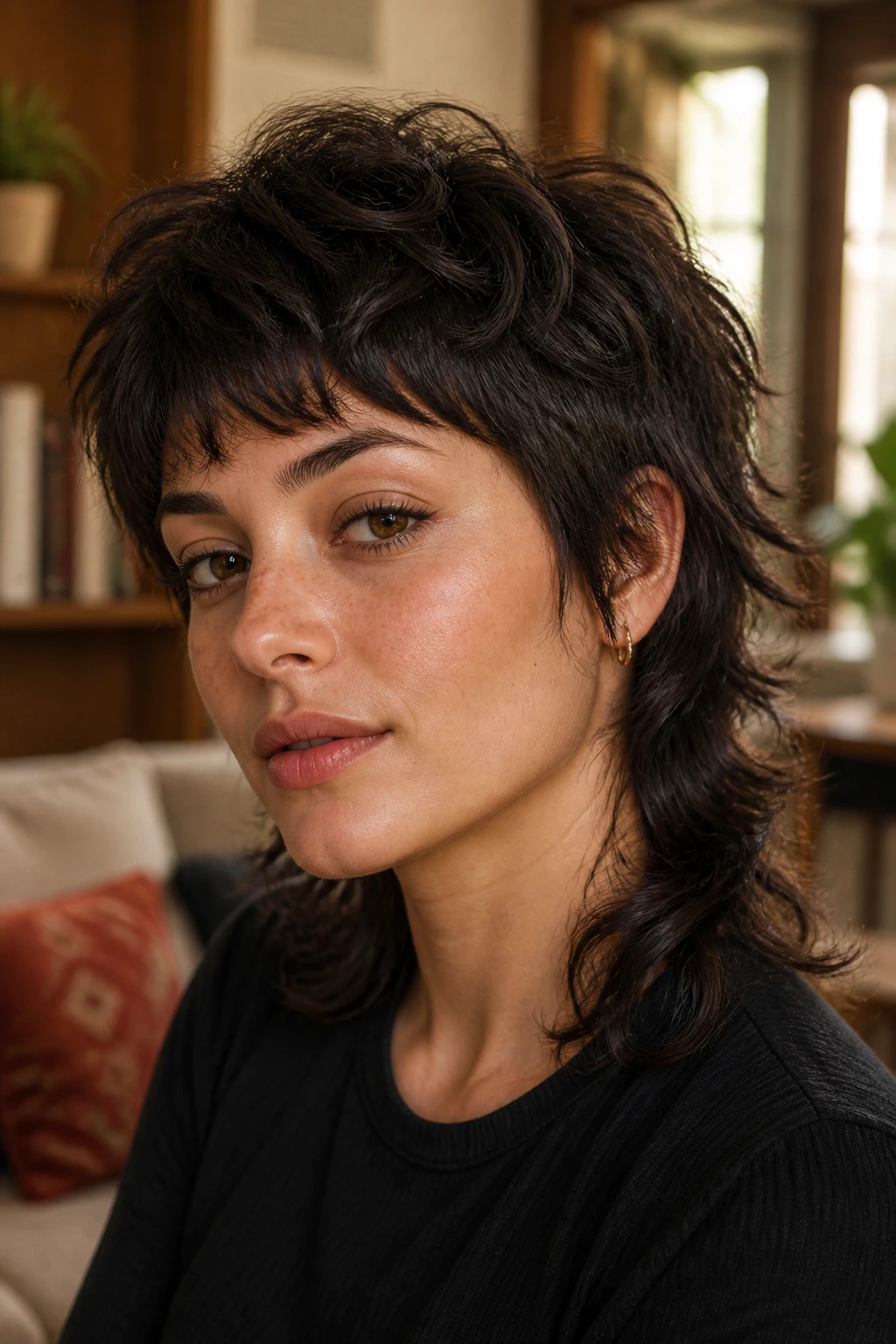 Close-up portrait of a real woman with a Mixie Cut showing a short top and longer back on thick textured hair