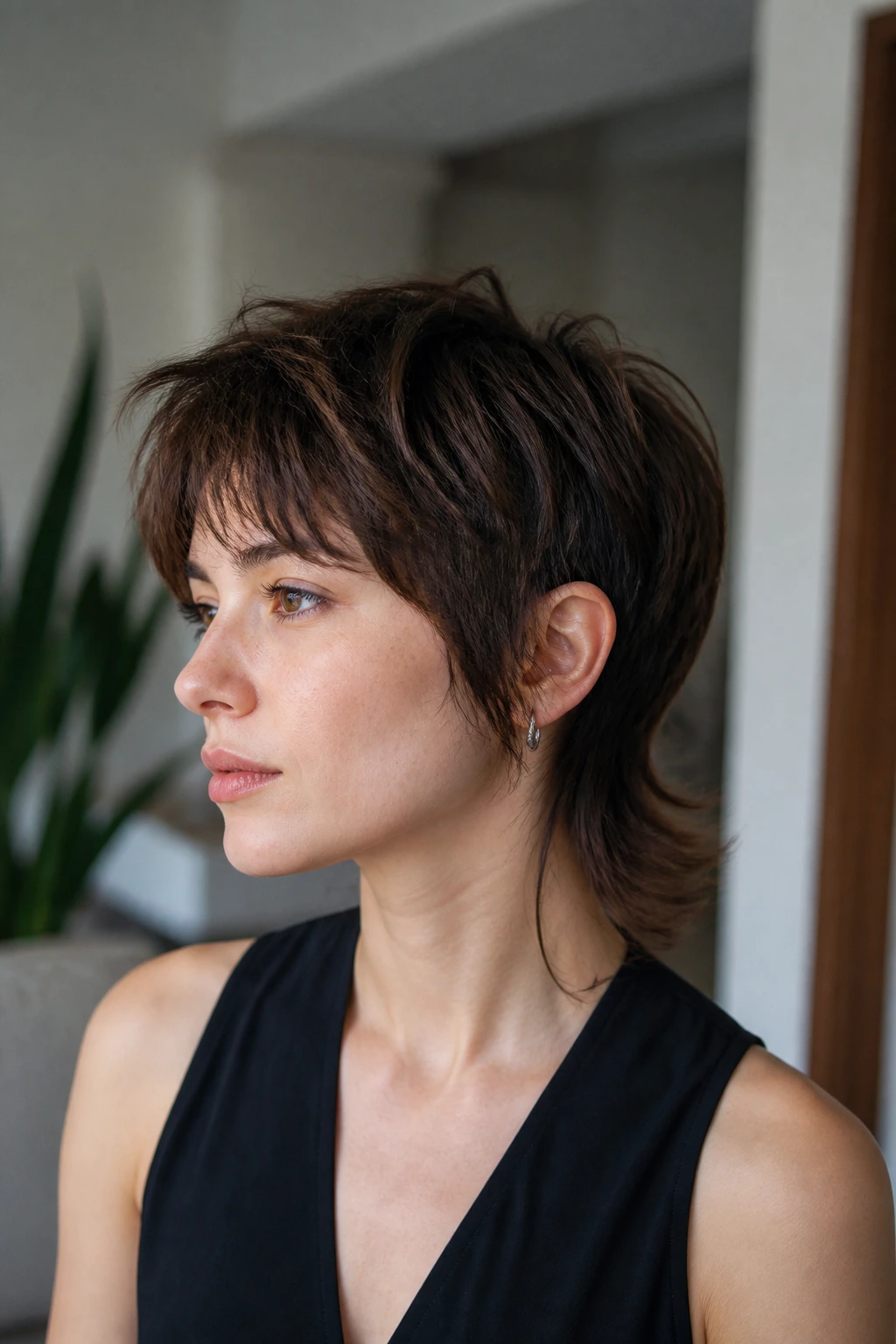 Real person with mixie haircut showing short crown and soft tail at nape.