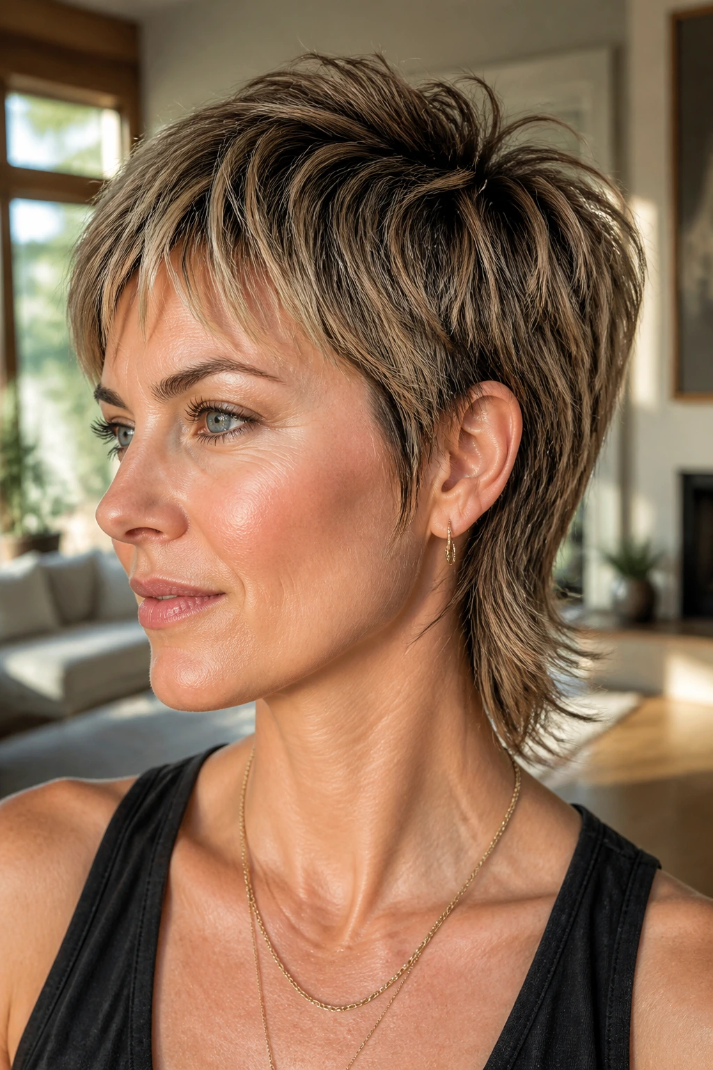 Close-up portrait of a real woman with a mixie hairstyle featuring a short crown and nape tail, in a sunlit living room.