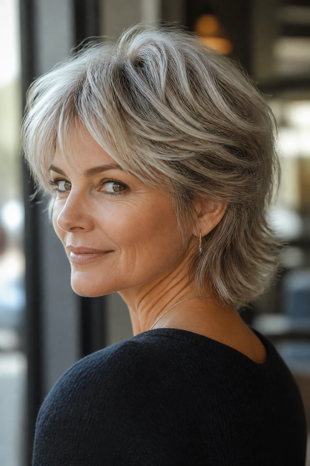 Close-up of a real woman with mixie hairstyle and soft nape