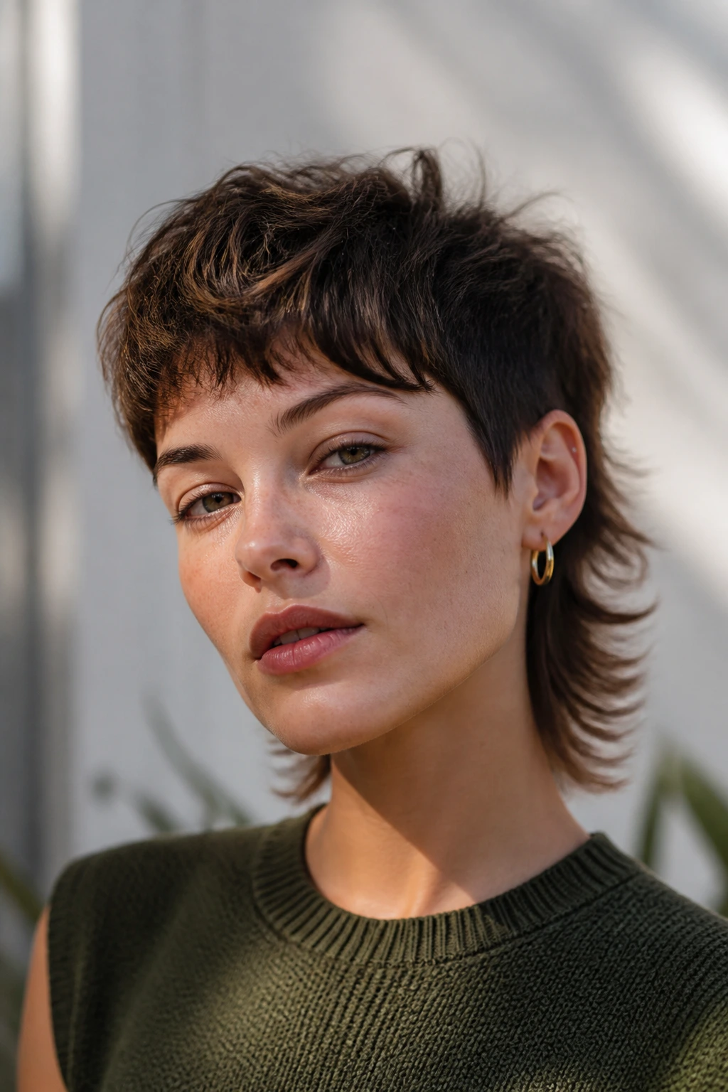Mixie hairstyle on a real woman with a textured crown in natural light