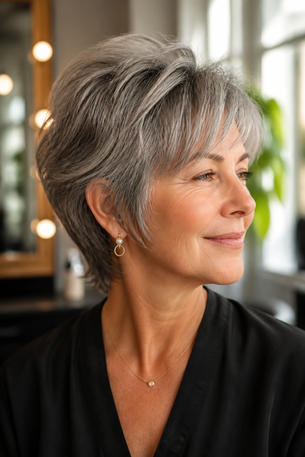 Close-up of a real woman with Modern Mixie with Soft Edges hairstyle in warm salon light