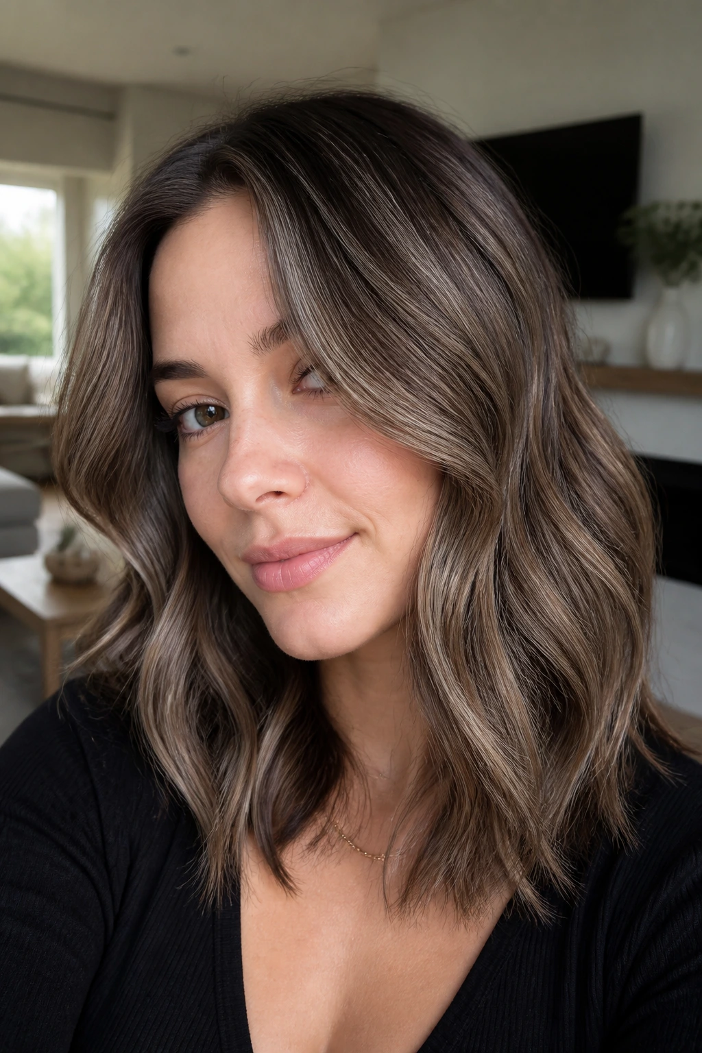 Portrait of a person with mocha ash balayage hair in neutral living room light