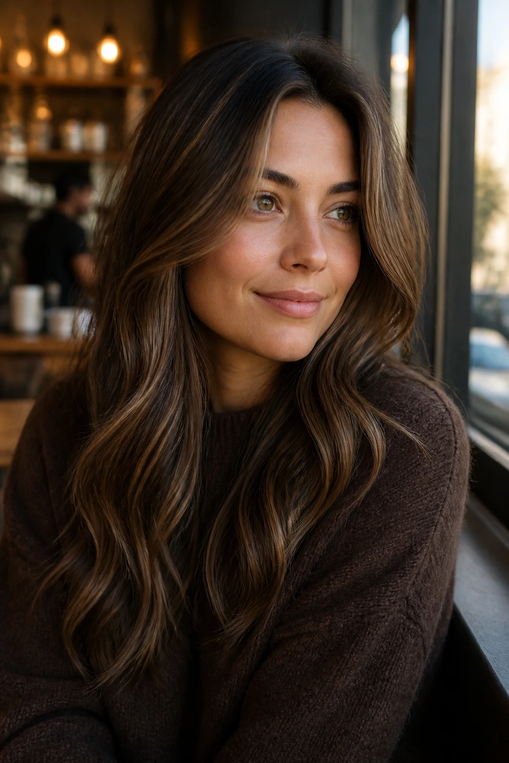 Brunette with soft mocha babylights for subtle depth
