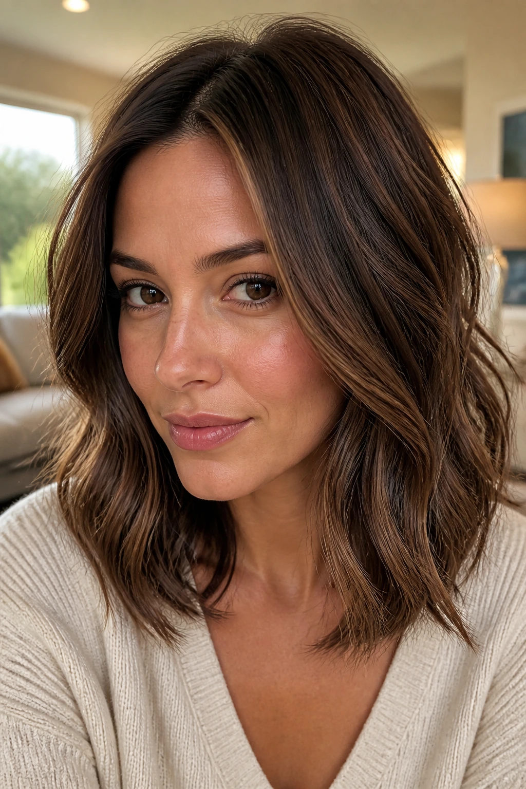 Real woman with mocha babylights on medium hair in natural light