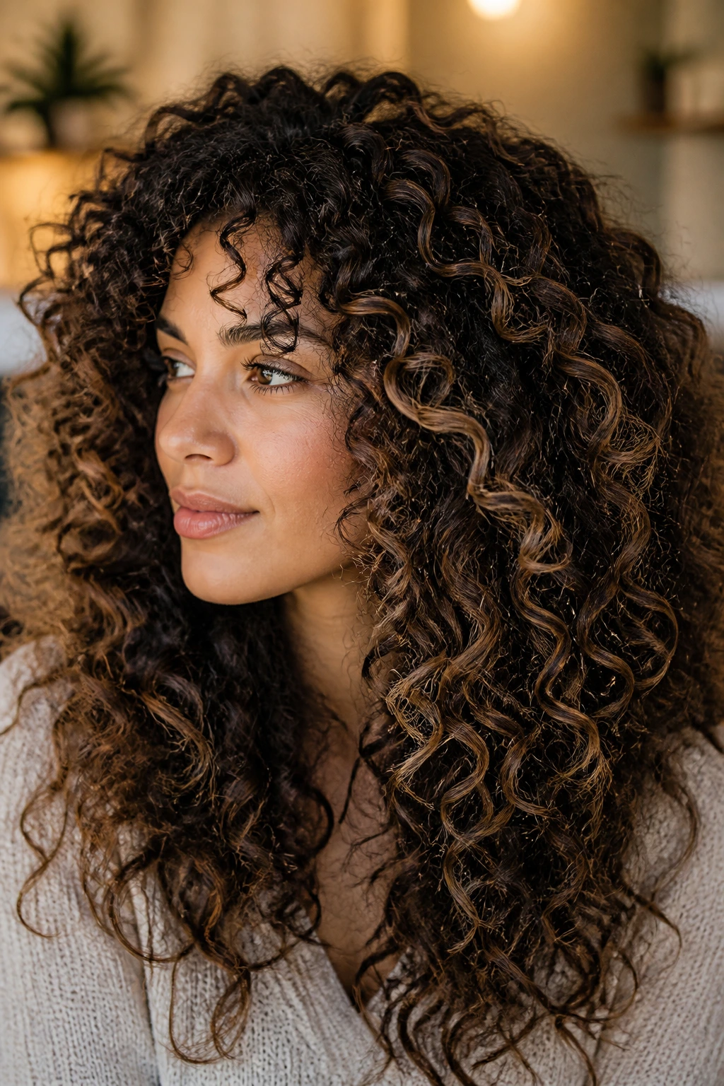 Close-up portrait of a real woman with mocha balayage curls forming moon-like arcs.