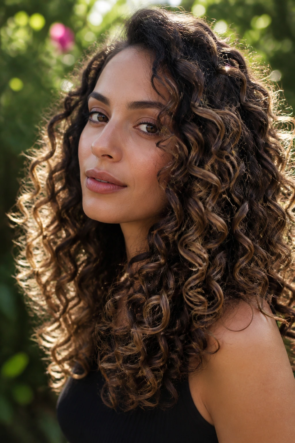 Curly brunette with mocha balayage highlighting curls outdoors