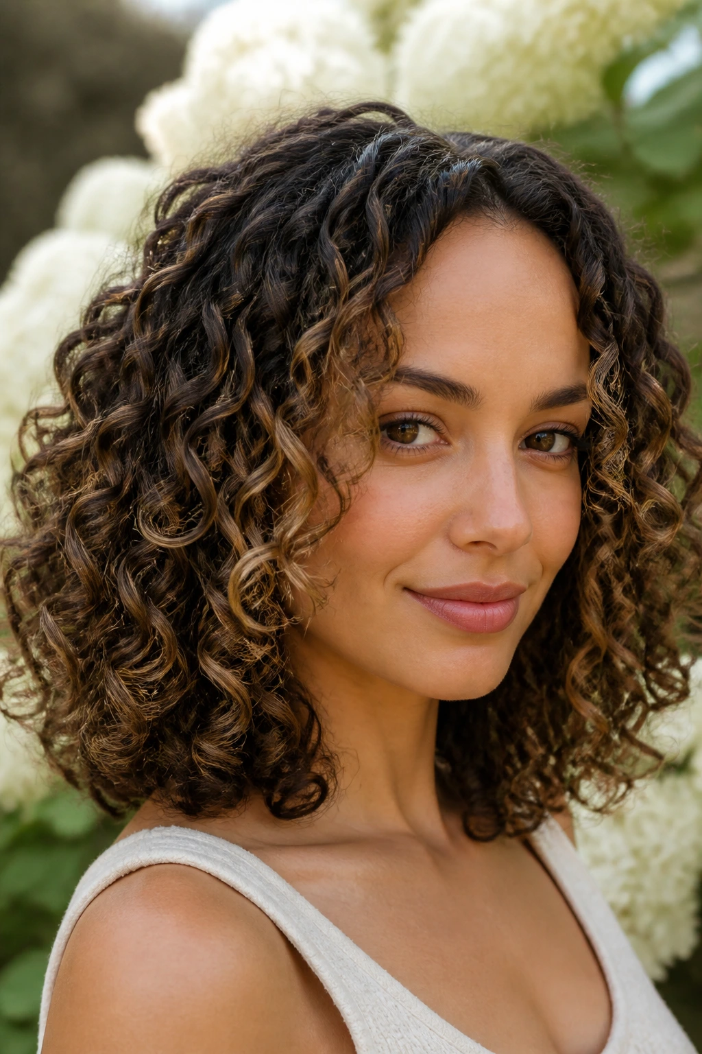 Dimensional mocha balayage on shoulder-length curls in natural light