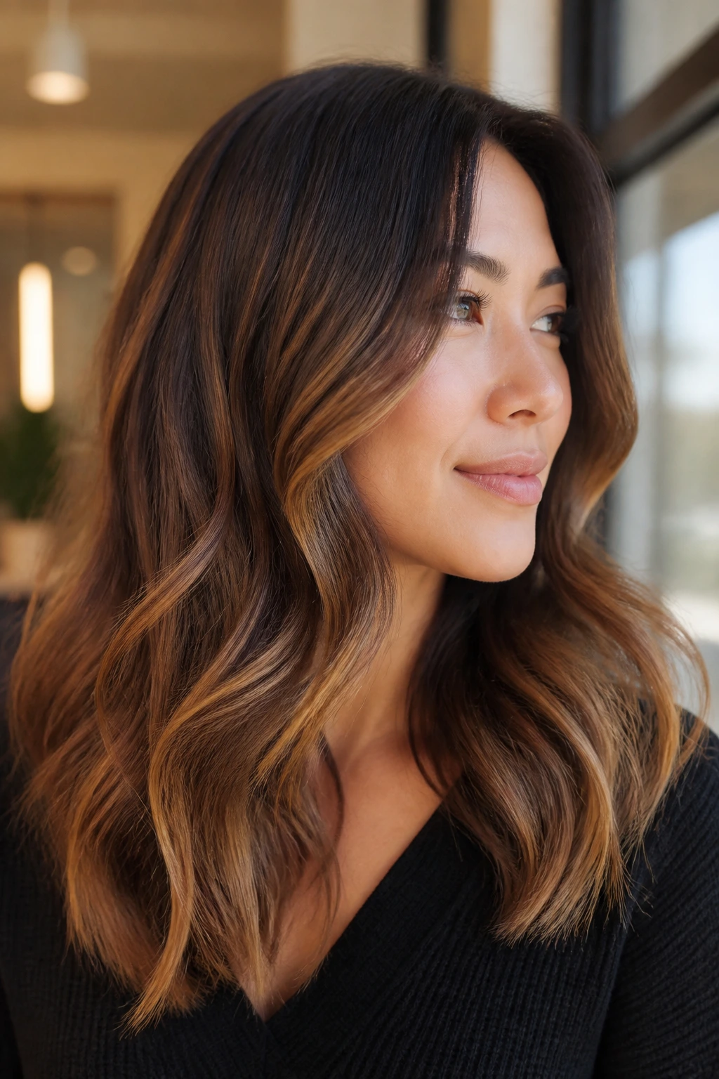 Portrait of a woman with mocha balayage and honey ends showing soft waved hair.