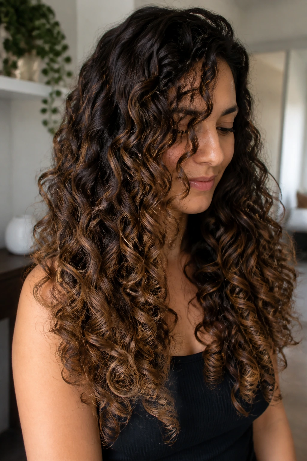 Long spiral curls with mocha balayage ribbons in a softly lit home setting.