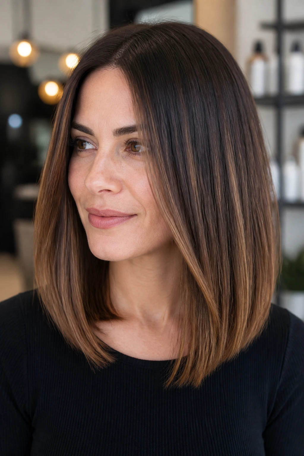 Close-up of mocha balayage on straight mid-length hair
