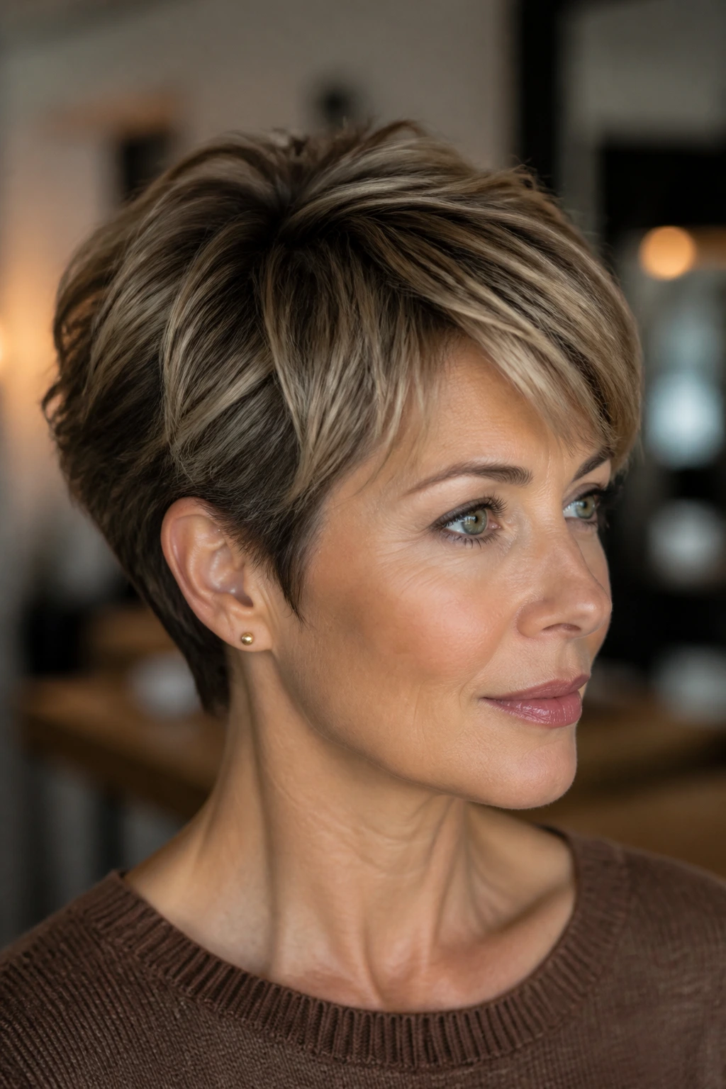 Real woman with soft mocha balayage pixie close-up.