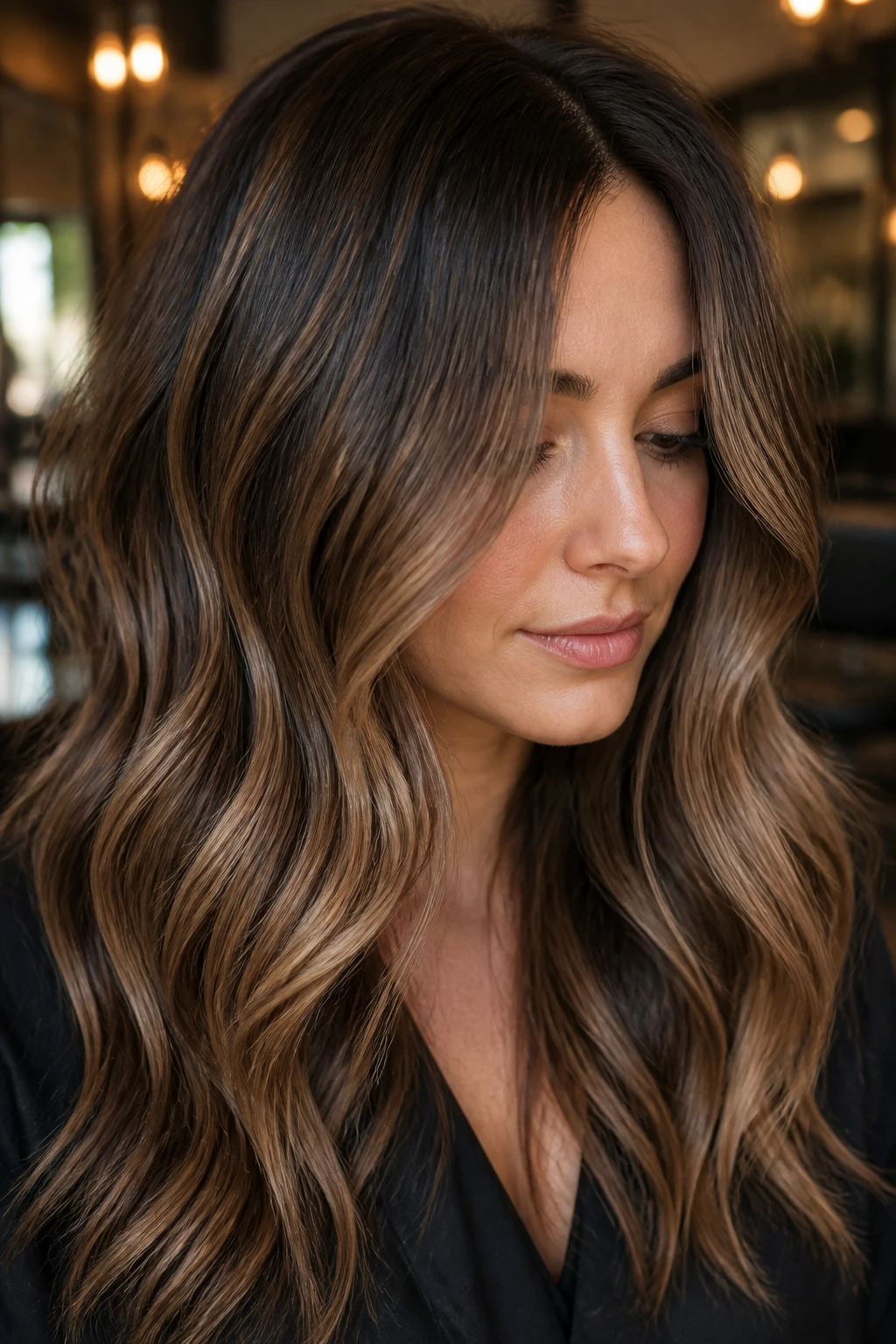 Close-up of brunette with mocha balayage ribbons in natural light