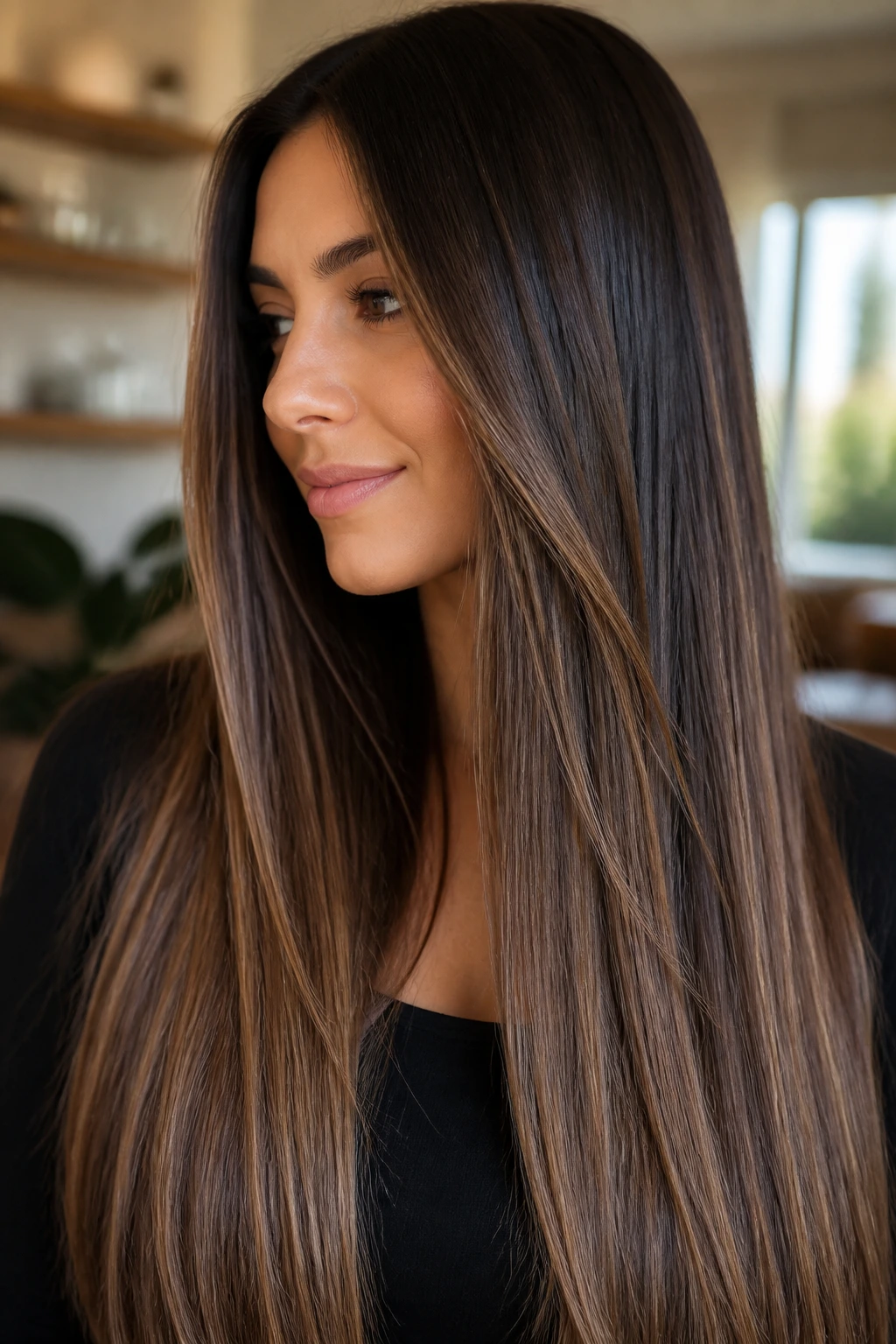 Close-up of long straight hair with thin mocha balayage ribbons and warm lighting