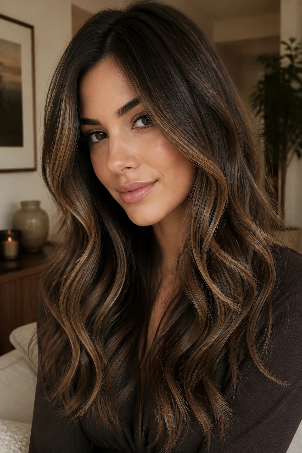 Mocha balayage with shadow root on long wavy hair