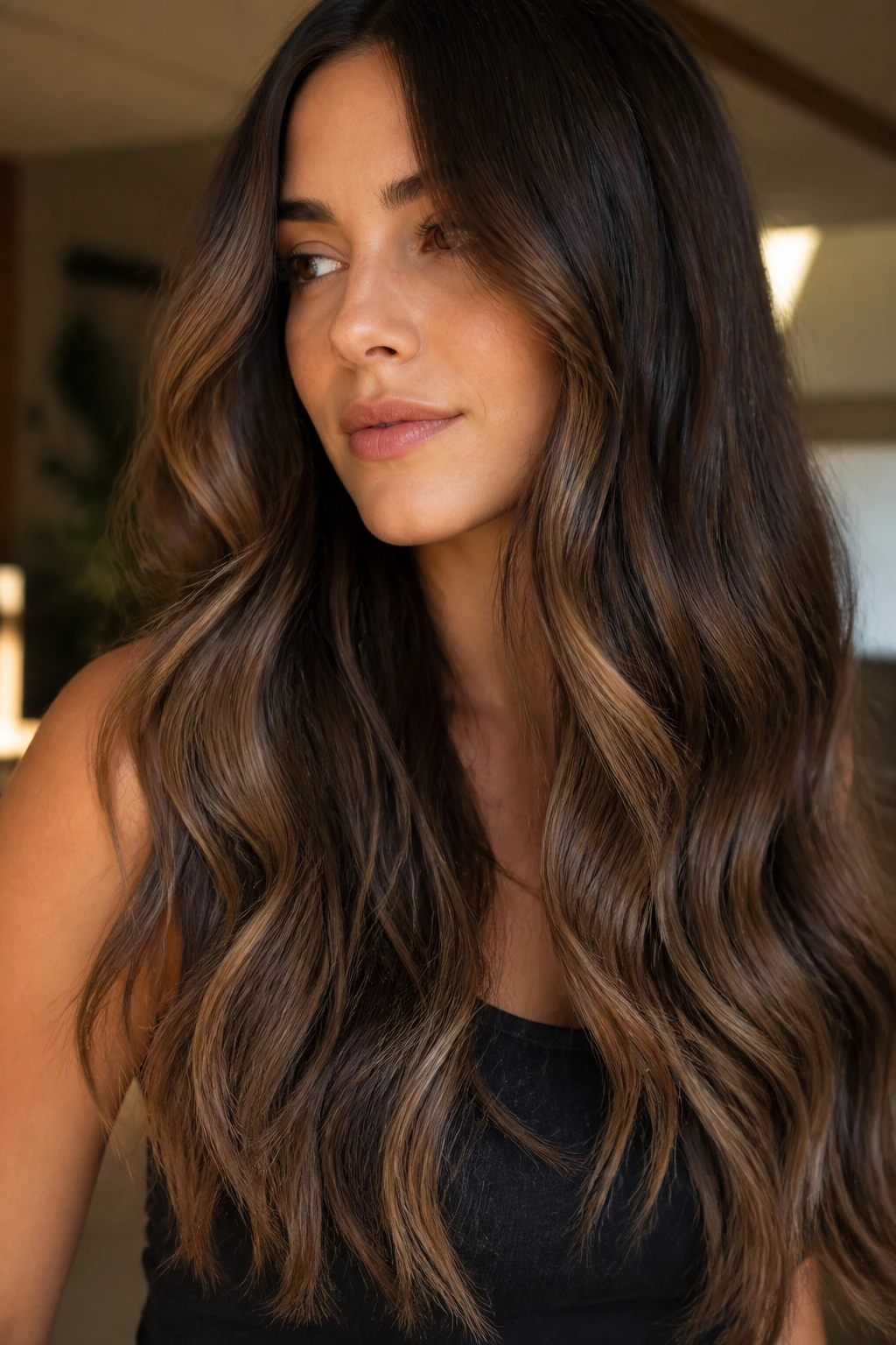 Close-up of mocha balayage on long brunette hair with soft waves
