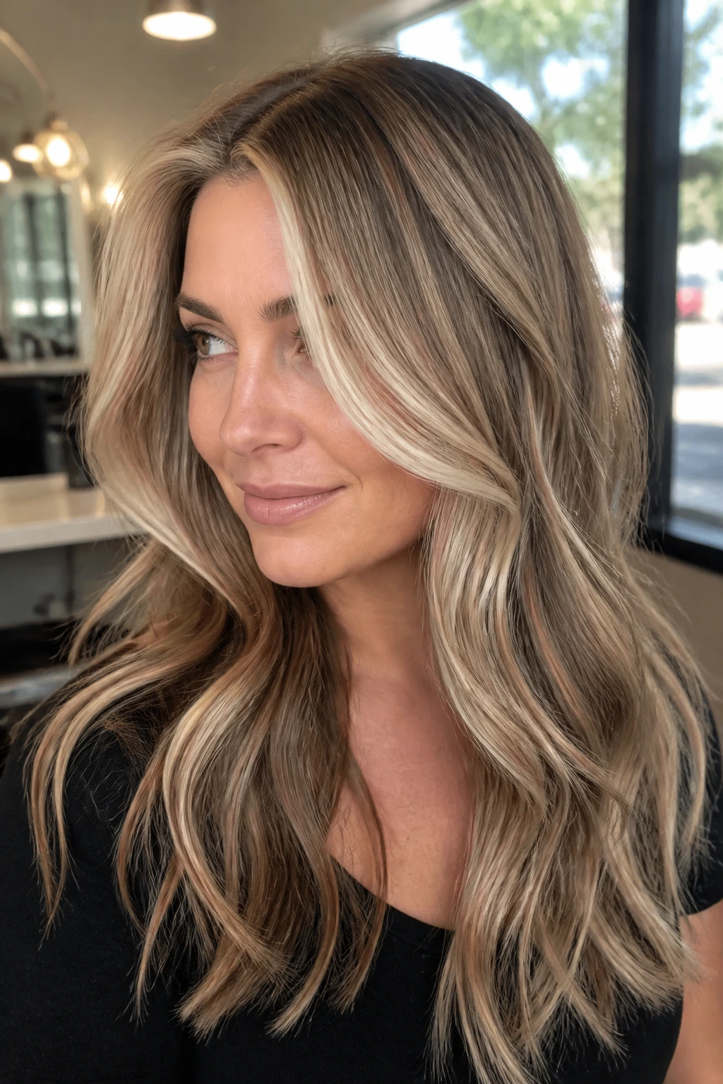 Close-up of beige blonde hair with mocha ribbons under the top layer on a real person