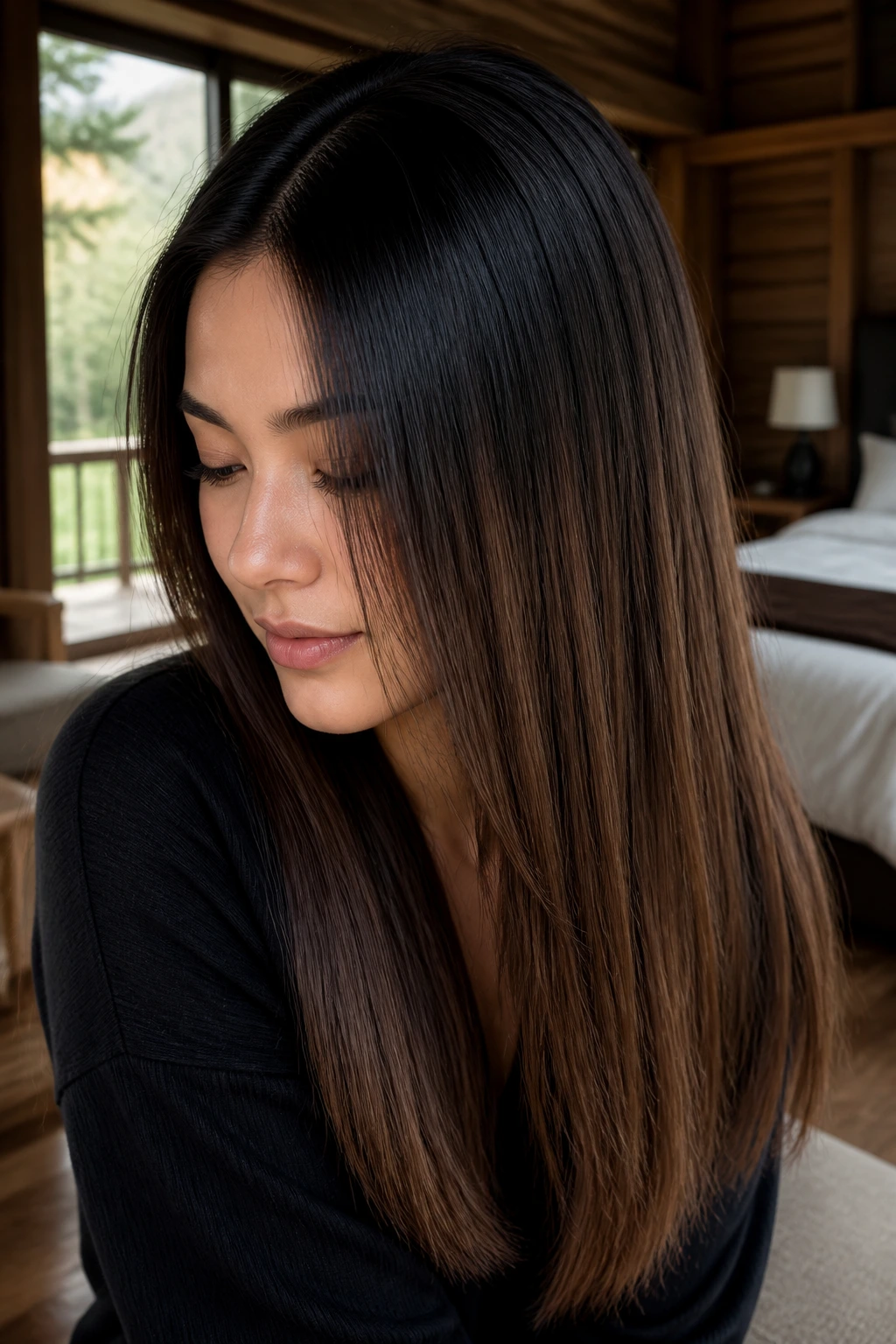 Close-up of a real woman with mocha-black shadow root on straight hair in warm indoor lighting